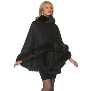Black Fox Fur Trimmed Cashmere Cape - Your Lady